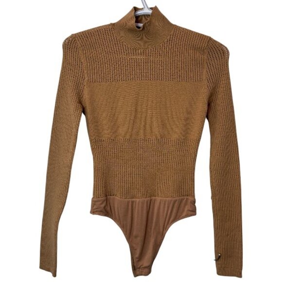 JLUXLABEL beige one piece long sleeve mock neck knitted bodysuit size S - Picture 2 of 6